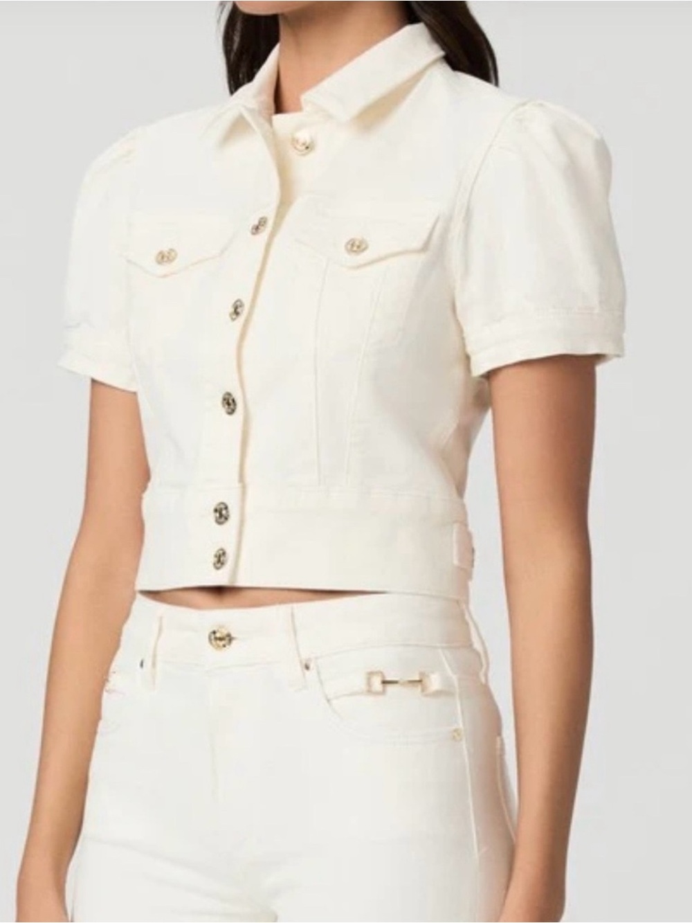 Paige Kendra Short Sleeve Crop  White Denim Jacket Size Medium